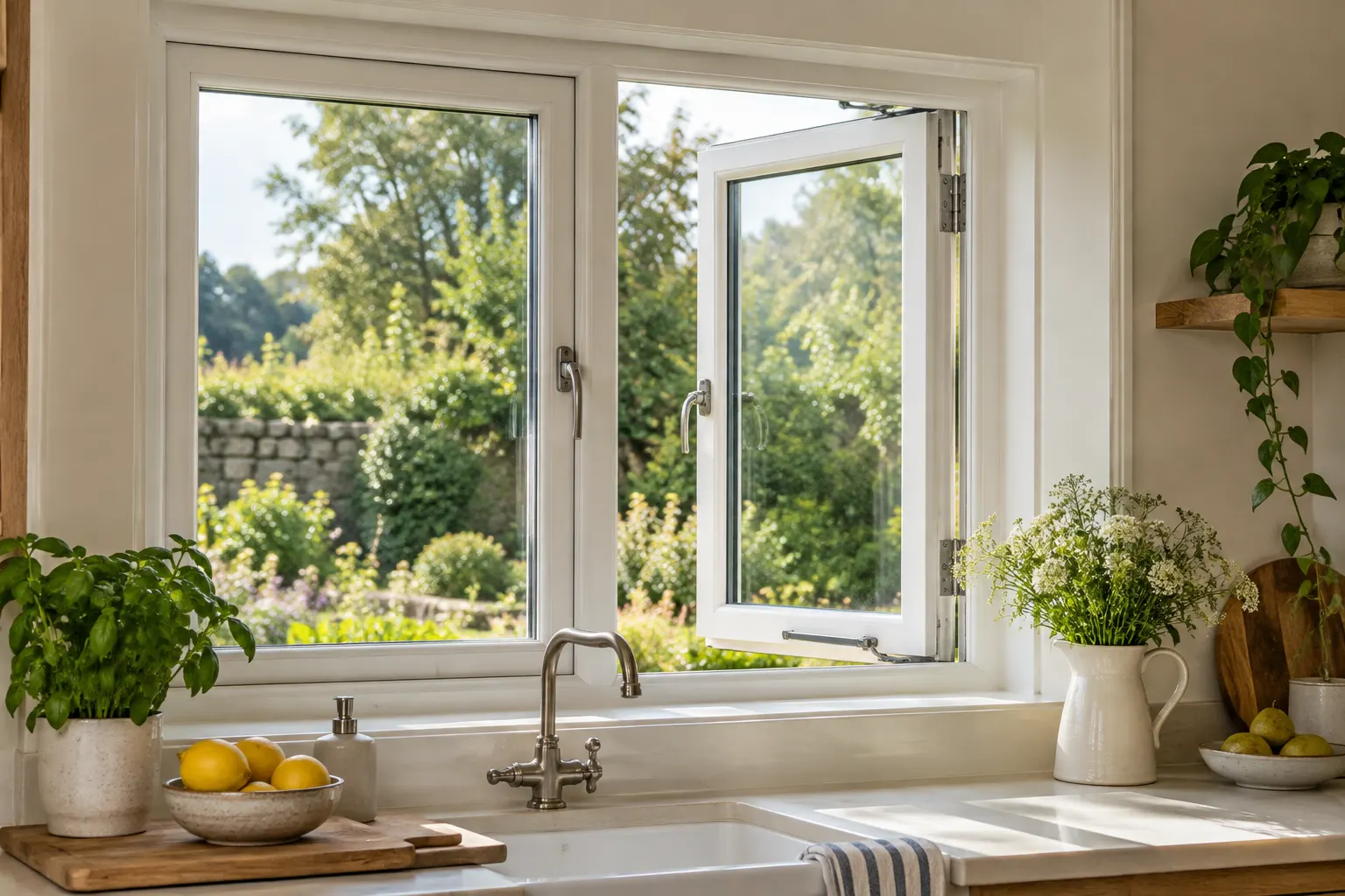 An open white-framed kitchen window above a sink with a garden view